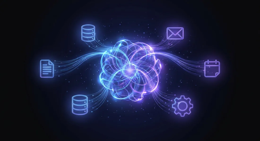 Schéma d'un agent IA : un cerveau central connecté à des outils (documents, base de données, e-mail, agenda)
