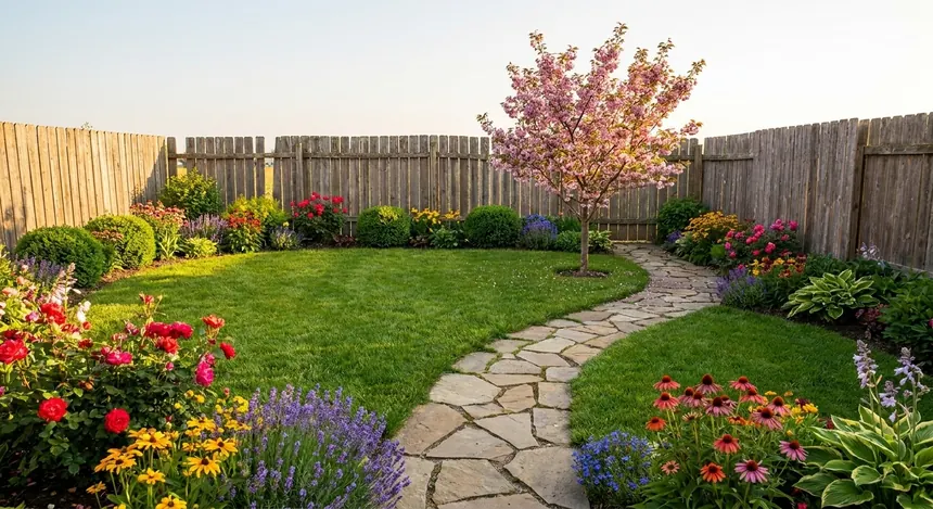Jardin paysager avec pelouse, massifs et allée généré par l'IA
