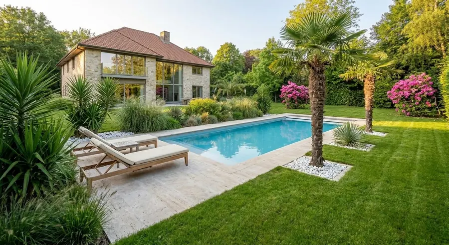 Jardin avec piscine et plage ajoutées virtuellement par l'IA
