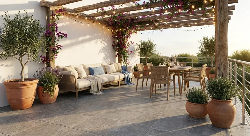 Terrasse aménagée avec pergola et salon de jardin générée par l'IA