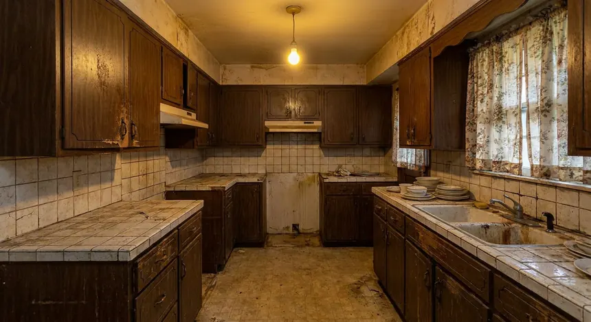 Cuisine ancienne et datée avant rénovation virtuelle par IA
