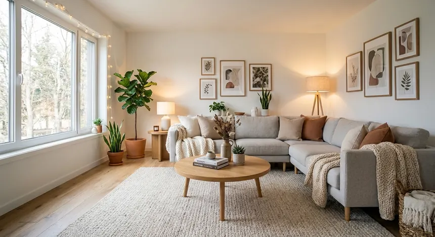 Salon meublé et décoré par l'IA après home staging virtuel, style scandinave